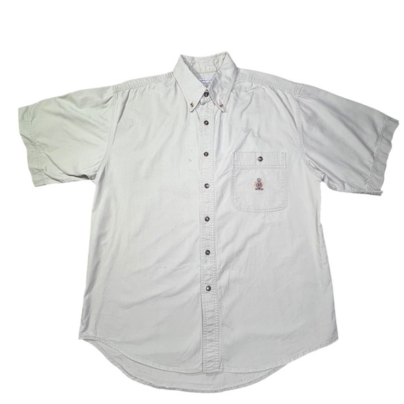 Bugle Boy Company Other - Bugle Boy Company Mens Short Sleeve Button Down Khaki Tan Embroidered  L‎ Y2K